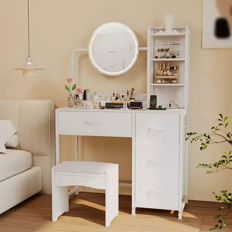 Coiffeuse de maquillage 35" avec miroir et lumières, petite table de maquillage avec 4 tiroirs en tissu et étagères ouvertes, coiffeuse pour chambre à coucher