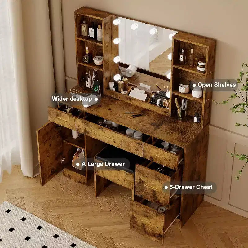 Coiffeuse avec miroir et lumières, prise électrique, grande coiffeuse de maquillage avec 5 tiroirs, 6 étagères ouvertes, placards et tabouret