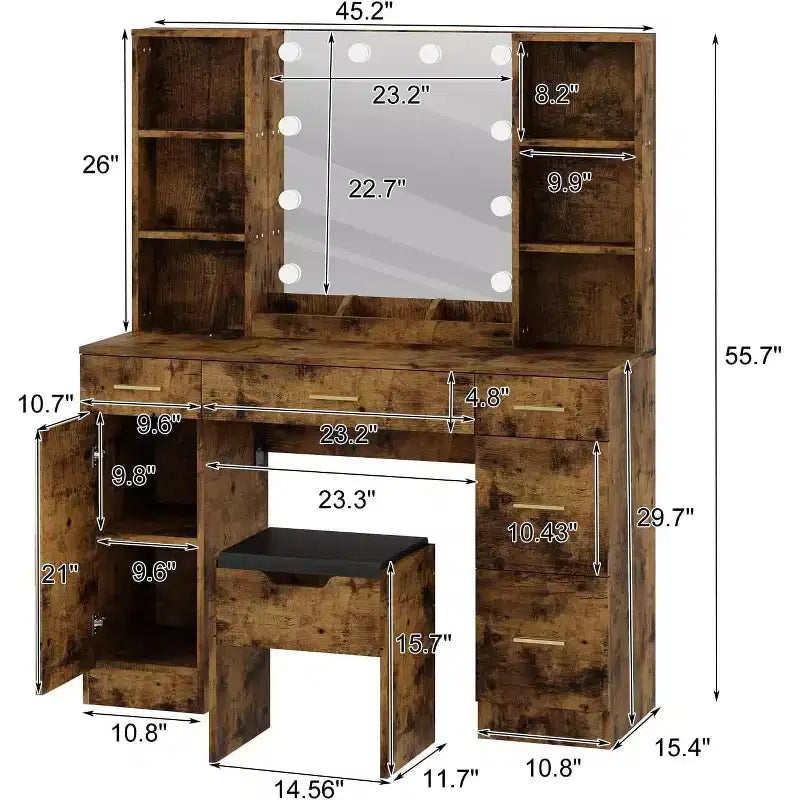 Coiffeuse avec miroir et lumières, prise électrique, grande coiffeuse de maquillage avec 5 tiroirs, 6 étagères ouvertes, placards et tabouret
