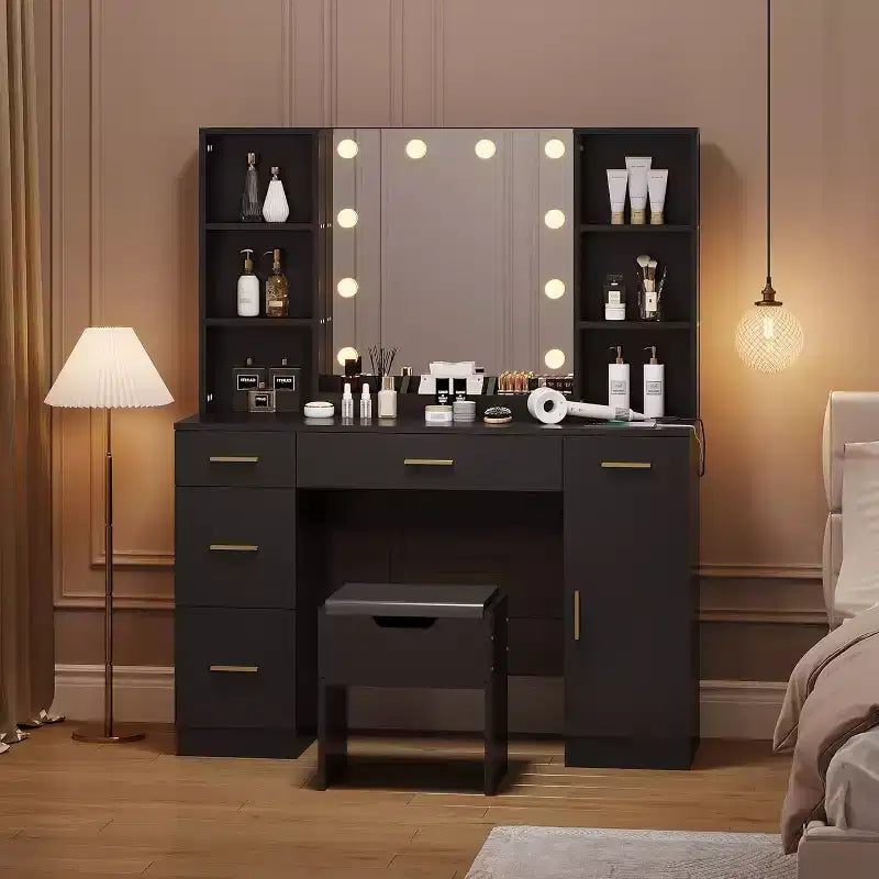 Coiffeuse avec miroir et lumières, prise électrique, grande coiffeuse de maquillage avec 5 tiroirs, 6 étagères ouvertes, placards et tabouret