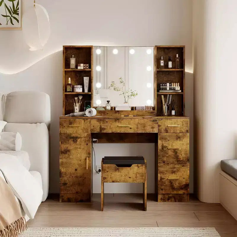 Coiffeuse avec miroir et lumières, prise électrique, grande coiffeuse de maquillage avec 5 tiroirs, 6 étagères ouvertes, placards et tabouret