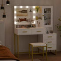 Large Makeup Vanity and Stool, Vanity Desk with Mirror and Lights, Makeup Table with Charging Station, Vanity Table with Drawers and LED Bulbs, White