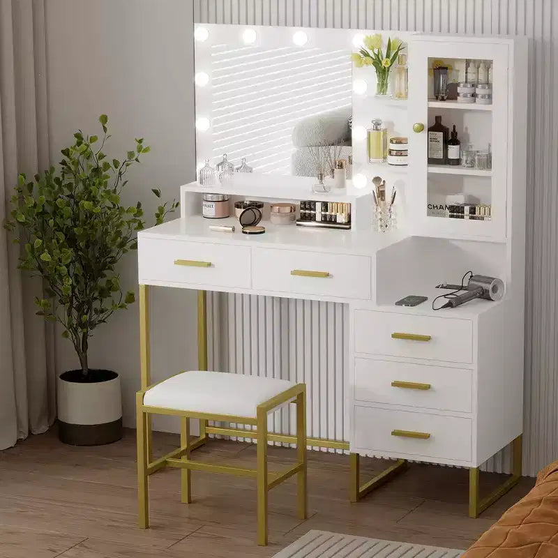 Grande coiffeuse avec tabouret, bureau de maquillage avec miroir et lumières, table de maquillage avec station de charge, coiffeuse avec tiroirs et ampoules LED, blanc