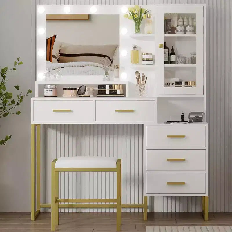 Grande coiffeuse avec tabouret, bureau de maquillage avec miroir et lumières, table de maquillage avec station de charge, coiffeuse avec tiroirs et ampoules LED, blanc