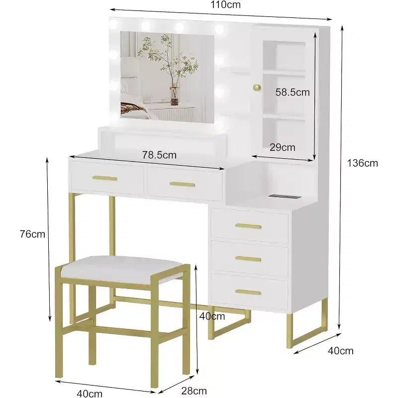 Grande coiffeuse avec tabouret, bureau de maquillage avec miroir et lumières, table de maquillage avec station de charge, coiffeuse avec tiroirs et ampoules LED, blanc