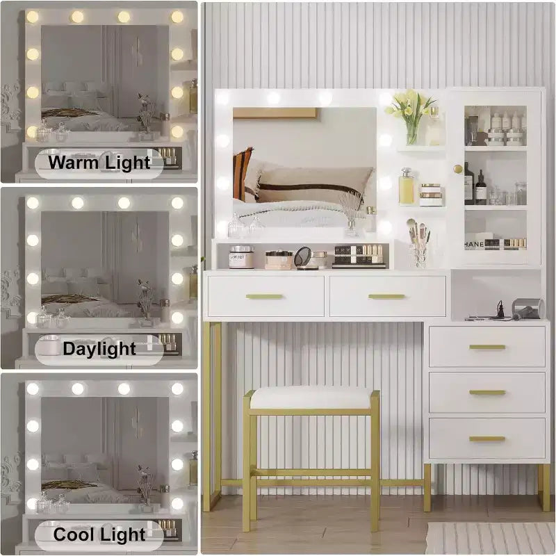 Grande coiffeuse avec tabouret, bureau de maquillage avec miroir et lumières, table de maquillage avec station de charge, coiffeuse avec tiroirs et ampoules LED, blanc