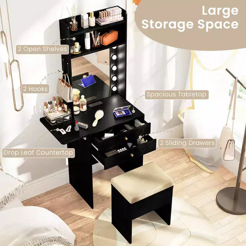 Coiffeuse Costway avec miroir et lumières, miroir à 3 tons de lumière et tabouret rembourré, noir