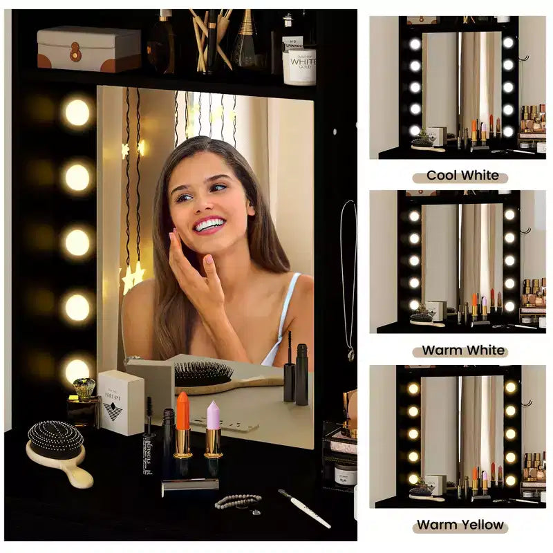 Coiffeuse Costway avec miroir et lumières, miroir à 3 tons de lumière et tabouret rembourré, noir