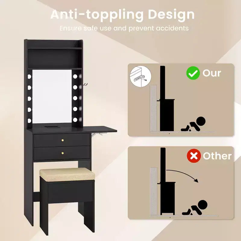 Coiffeuse Costway avec miroir et lumières, miroir à 3 tons de lumière et tabouret rembourré, noir