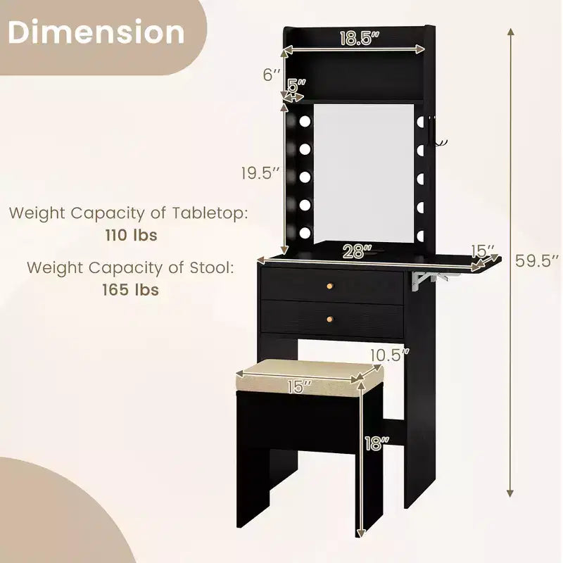 Coiffeuse Costway avec miroir et lumières, miroir à 3 tons de lumière et tabouret rembourré, noir