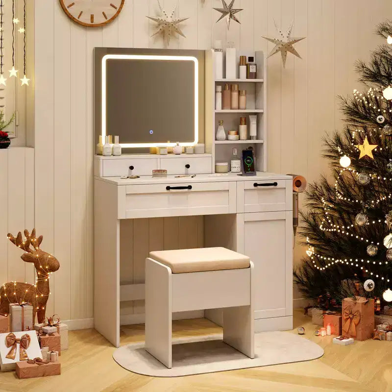 Coiffeuse Costway avec tabouret rembourré et miroir avec modes d'éclairage réglables