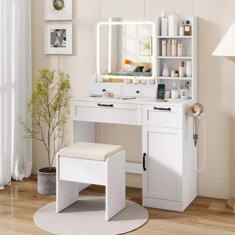 Coiffeuse Costway avec tabouret rembourré et miroir avec modes d'éclairage réglables