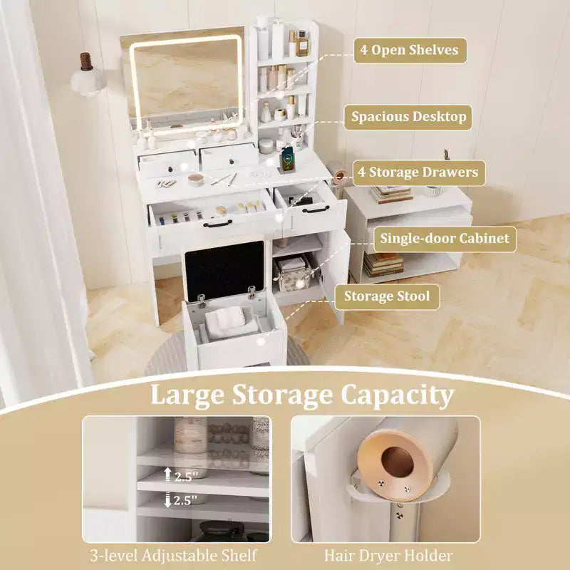 Coiffeuse Costway avec tabouret rembourré et miroir avec modes d'éclairage réglables