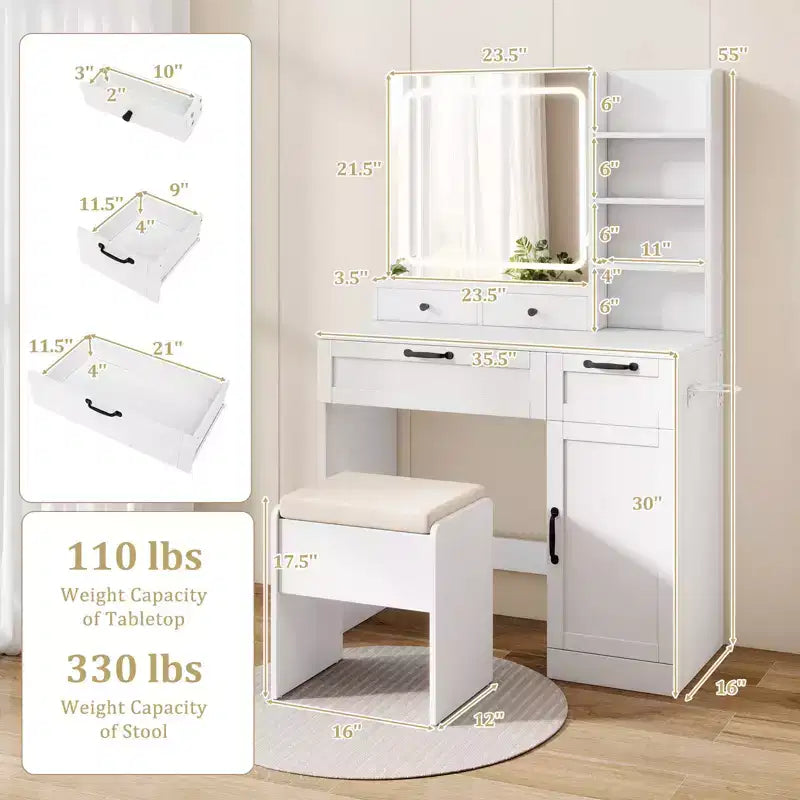 Coiffeuse Costway avec tabouret rembourré et miroir avec modes d'éclairage réglables