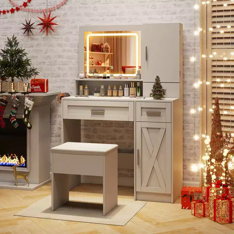 Coiffeuse de ferme Costway avec miroir et lumières, 3 modes d'éclairage et luminosité réglable