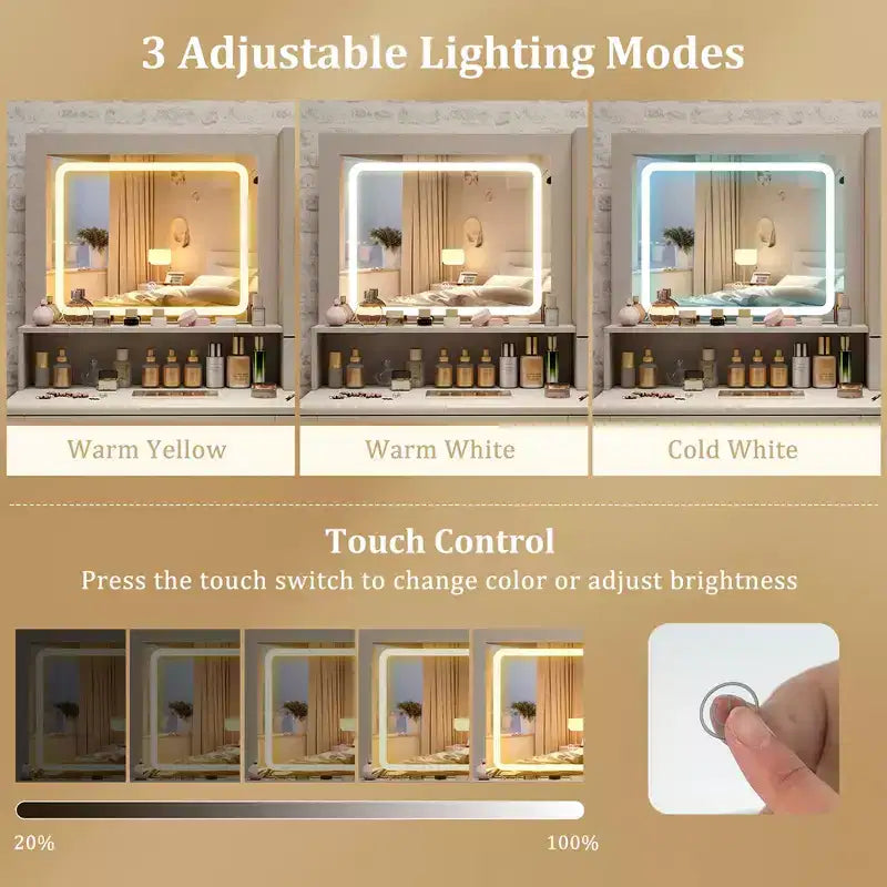 Coiffeuse de ferme Costway avec miroir et lumières, 3 modes d'éclairage et luminosité réglable