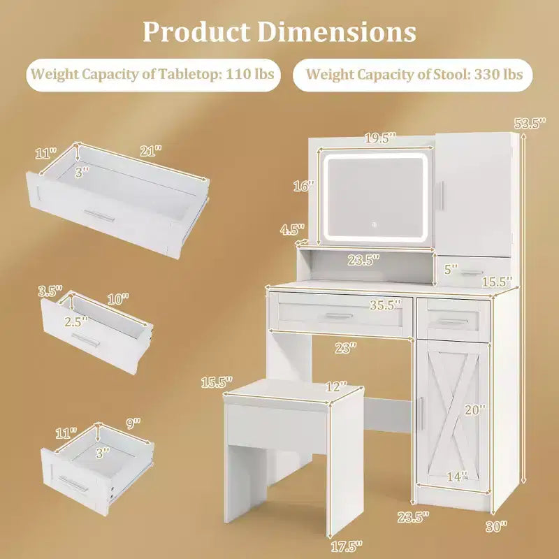 Coiffeuse de ferme Costway avec miroir et lumières, 3 modes d'éclairage et luminosité réglable