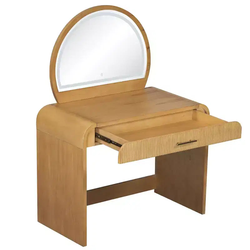 Coiffeuse de maquillage Okak avec grand miroir et écran tactile, bureau de vanité avec grand tiroir et coin arqué, table de maquillage pour chambre à coucher