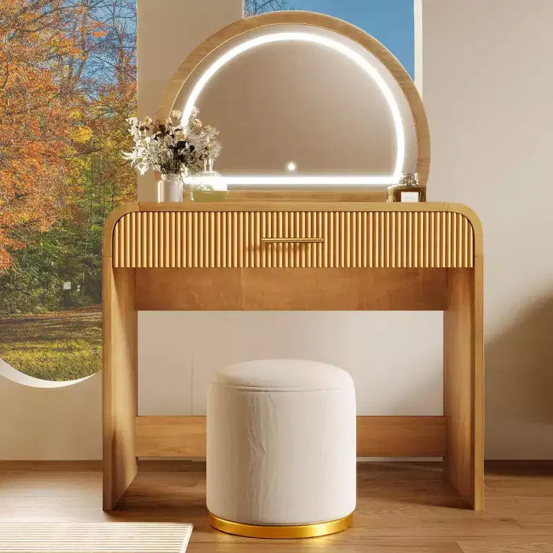 Coiffeuse de maquillage Okak avec grand miroir et écran tactile, bureau de vanité avec grand tiroir et coin arqué, table de maquillage pour chambre à coucher