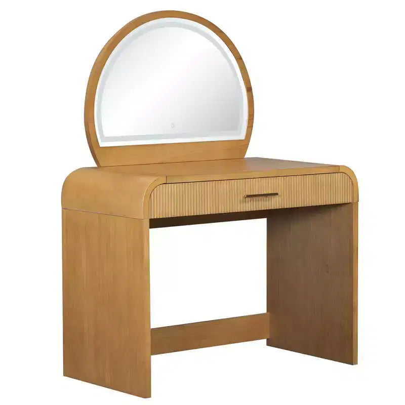 Coiffeuse de maquillage Okak avec grand miroir et écran tactile, bureau de vanité avec grand tiroir et coin arqué, table de maquillage pour chambre à coucher
