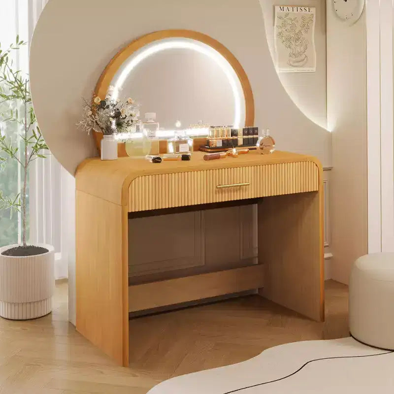 Coiffeuse de maquillage Okak avec grand miroir et écran tactile, bureau de vanité avec grand tiroir et coin arqué, table de maquillage pour chambre à coucher
