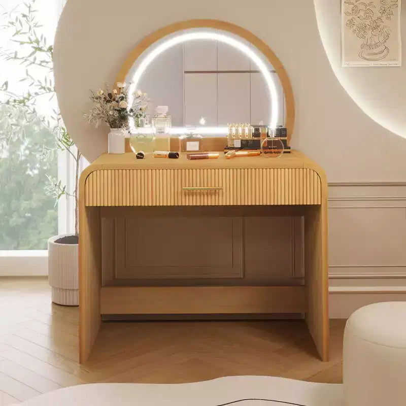 Coiffeuse de maquillage Okak avec grand miroir et écran tactile, bureau de vanité avec grand tiroir et coin arqué, table de maquillage pour chambre à coucher
