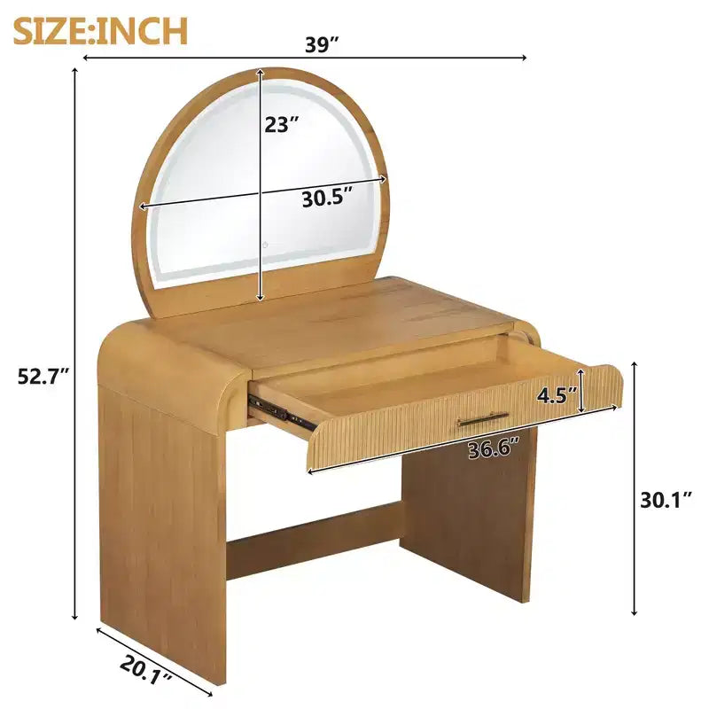 Coiffeuse de maquillage Okak avec grand miroir et écran tactile, bureau de vanité avec grand tiroir et coin arqué, table de maquillage pour chambre à coucher