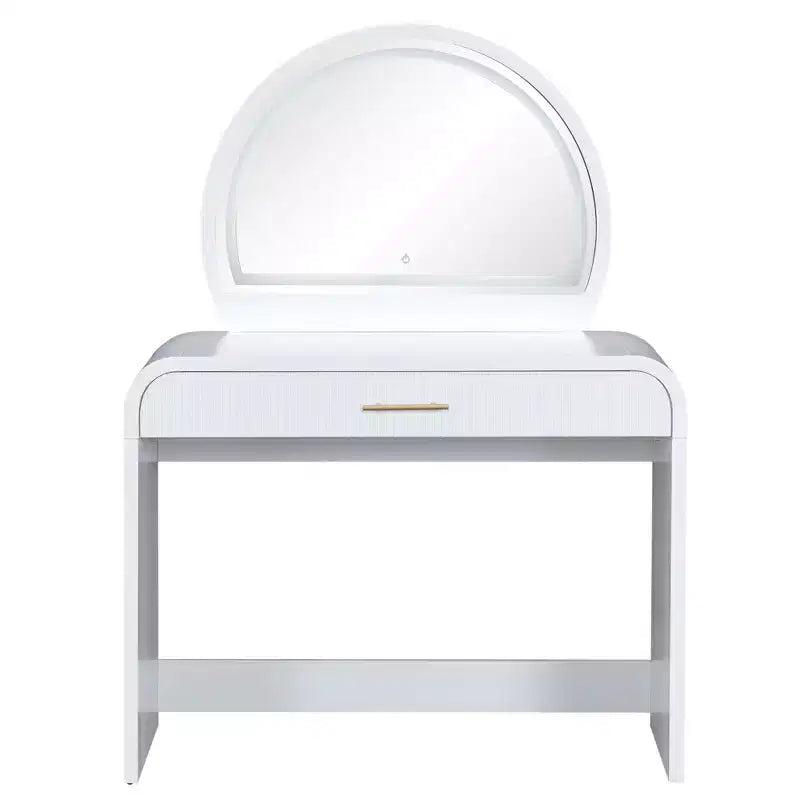 Coiffeuse de maquillage Okak avec grand miroir et écran tactile, bureau de vanité avec grand tiroir et coin arqué, table de maquillage pour chambre à coucher