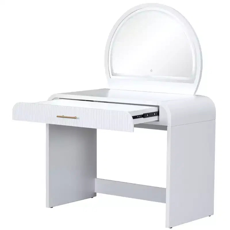 Coiffeuse de maquillage Okak avec grand miroir et écran tactile, bureau de vanité avec grand tiroir et coin arqué, table de maquillage pour chambre à coucher