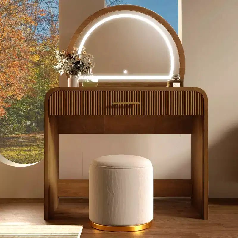 Coiffeuse de maquillage Okak avec grand miroir et écran tactile, bureau de vanité avec grand tiroir et coin arqué, table de maquillage pour chambre à coucher
