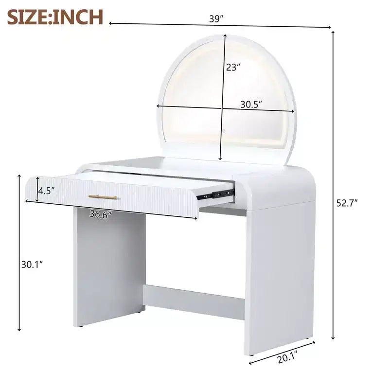 Coiffeuse de maquillage Okak avec grand miroir et écran tactile, bureau de vanité avec grand tiroir et coin arqué, table de maquillage pour chambre à coucher