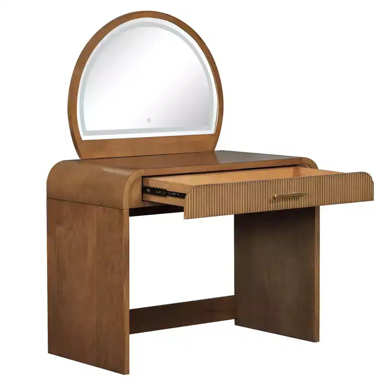 Coiffeuse de maquillage Okak avec grand miroir et écran tactile, bureau de vanité avec grand tiroir et coin arqué, table de maquillage pour chambre à coucher