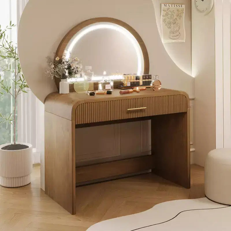 Coiffeuse de maquillage Okak avec grand miroir et écran tactile, bureau de vanité avec grand tiroir et coin arqué, table de maquillage pour chambre à coucher