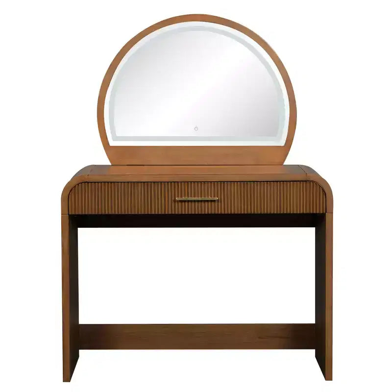 Coiffeuse de maquillage Okak avec grand miroir et écran tactile, bureau de vanité avec grand tiroir et coin arqué, table de maquillage pour chambre à coucher