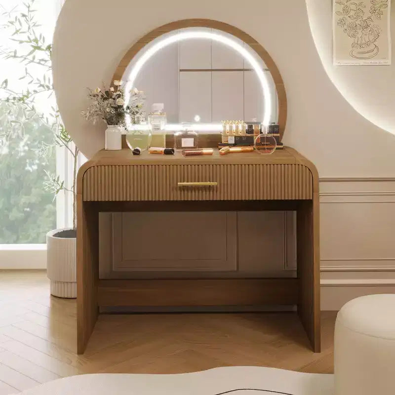 Coiffeuse de maquillage Okak avec grand miroir et écran tactile, bureau de vanité avec grand tiroir et coin arqué, table de maquillage pour chambre à coucher