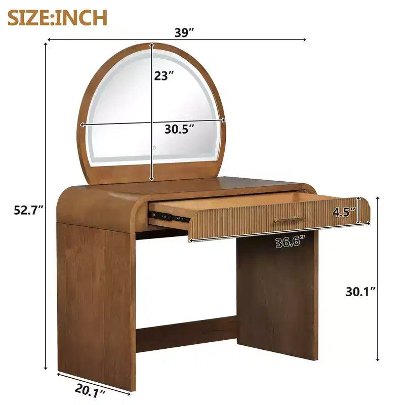 Coiffeuse de maquillage Okak avec grand miroir et écran tactile, bureau de vanité avec grand tiroir et coin arqué, table de maquillage pour chambre à coucher