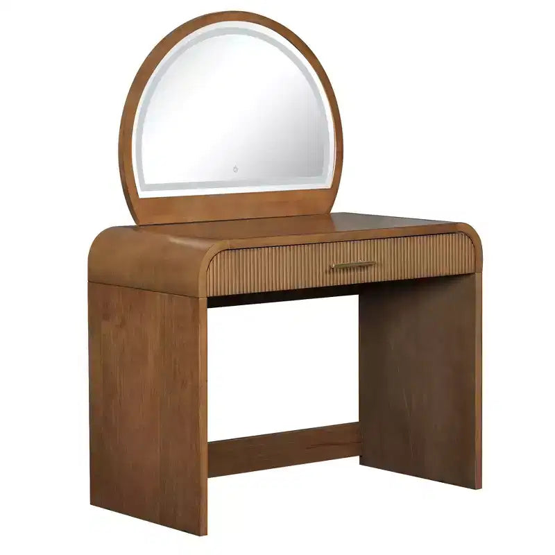 Coiffeuse de maquillage Okak avec grand miroir et écran tactile, bureau de vanité avec grand tiroir et coin arqué, table de maquillage pour chambre à coucher