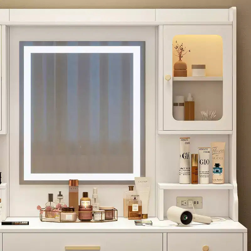 Coiffeuse Okak avec 6 tiroirs et étagères, table de maquillage avec grand miroir, coiffeuse d'angle pour dressing, chambre à coucher, blanc