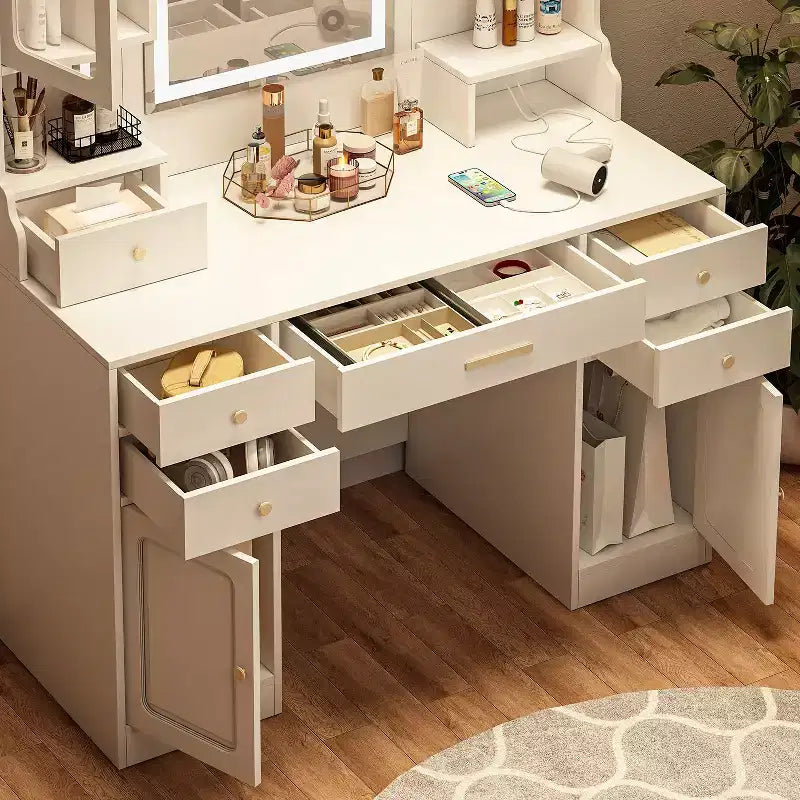 Coiffeuse Okak avec 6 tiroirs et étagères, table de maquillage avec grand miroir, coiffeuse d'angle pour dressing, chambre à coucher, blanc