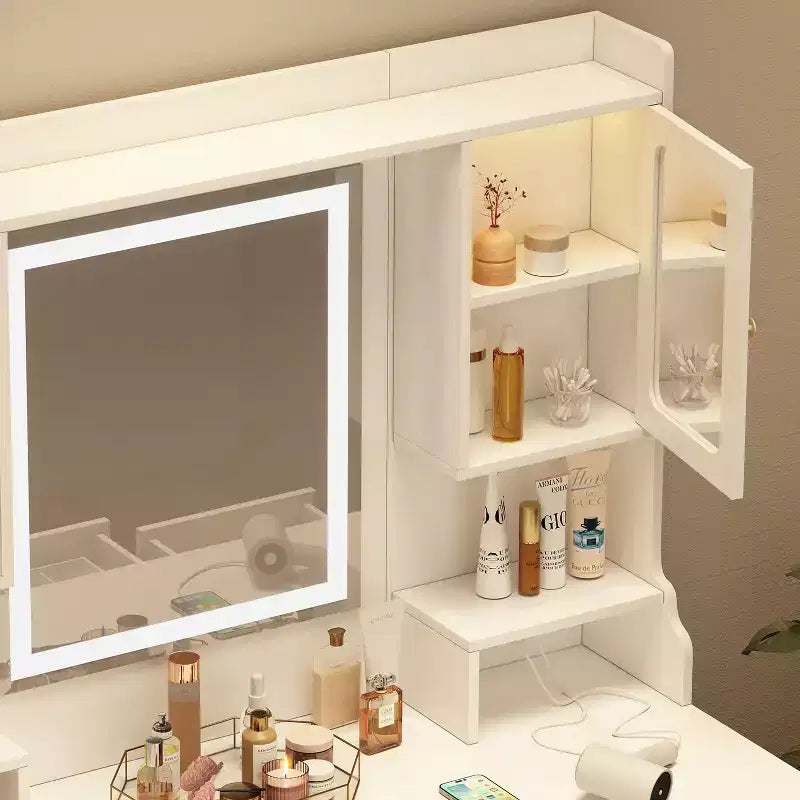 Coiffeuse Okak avec 6 tiroirs et étagères, table de maquillage avec grand miroir, coiffeuse d'angle pour dressing, chambre à coucher, blanc