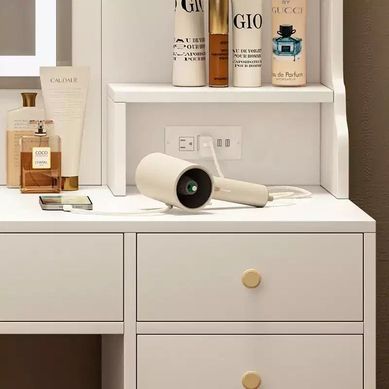 Coiffeuse Okak avec 6 tiroirs et étagères, table de maquillage avec grand miroir, coiffeuse d'angle pour dressing, chambre à coucher, blanc
