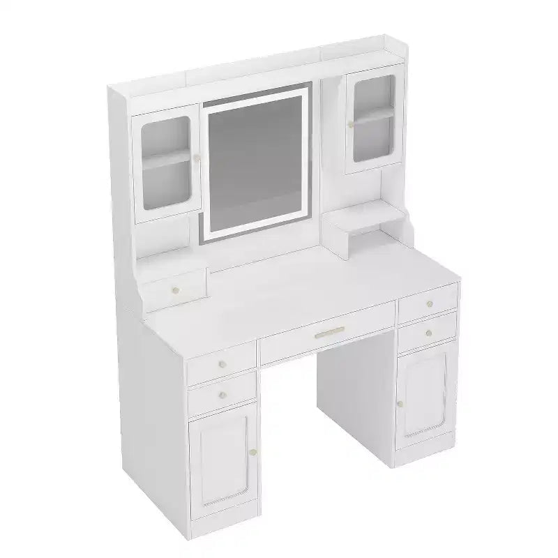 Coiffeuse Okak avec 6 tiroirs et étagères, table de maquillage avec grand miroir, coiffeuse d'angle pour dressing, chambre à coucher, blanc