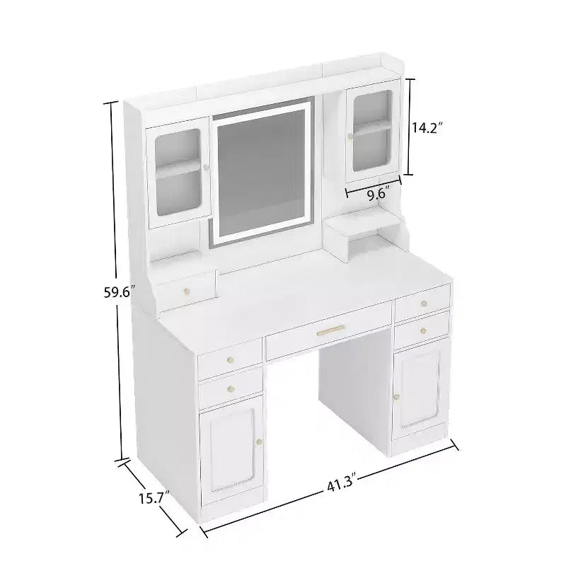 Coiffeuse Okak avec 6 tiroirs et étagères, table de maquillage avec grand miroir, coiffeuse d'angle pour dressing, chambre à coucher, blanc