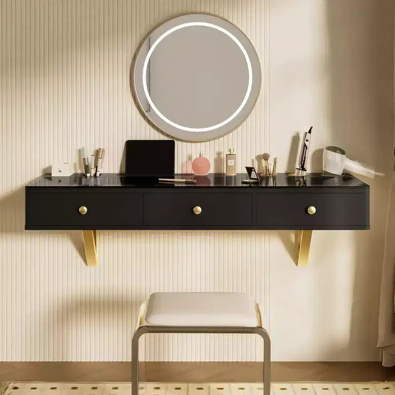 Coiffeuse murale multifonctionnelle Okak avec tiroir, coiffeuse avec plateau en verre, coiffeuse compacte pour chambre à coucher, coiffeuse pour coiffeurs