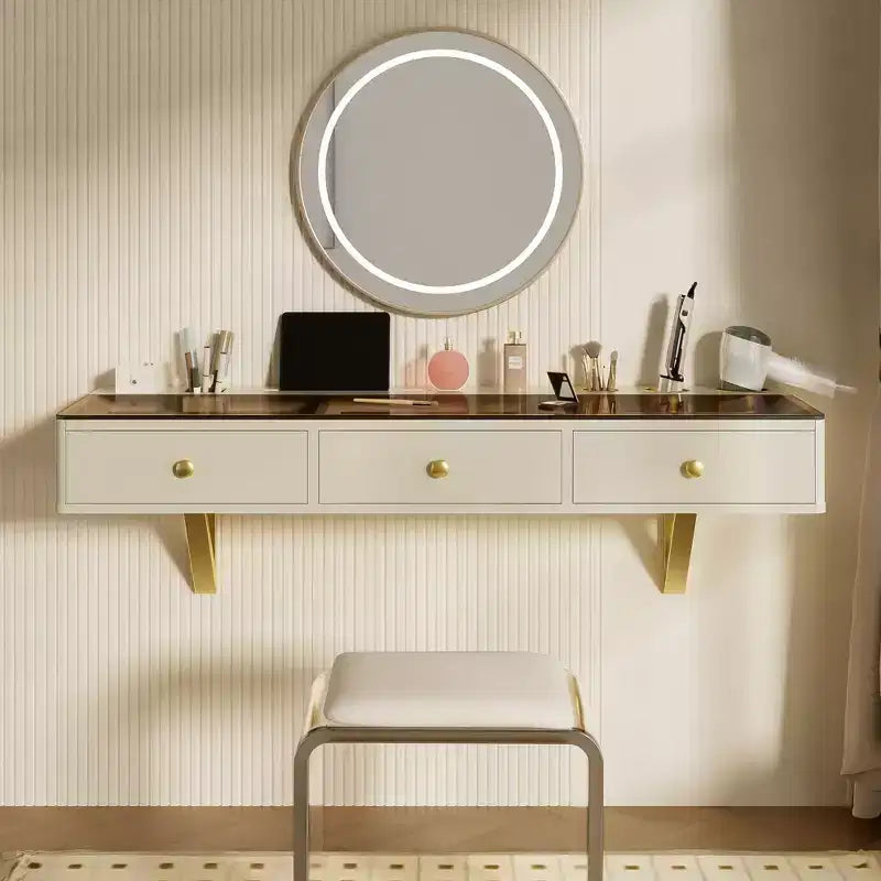 Coiffeuse murale multifonctionnelle Okak avec tiroir, coiffeuse avec plateau en verre, coiffeuse compacte pour chambre à coucher, coiffeuse pour coiffeurs