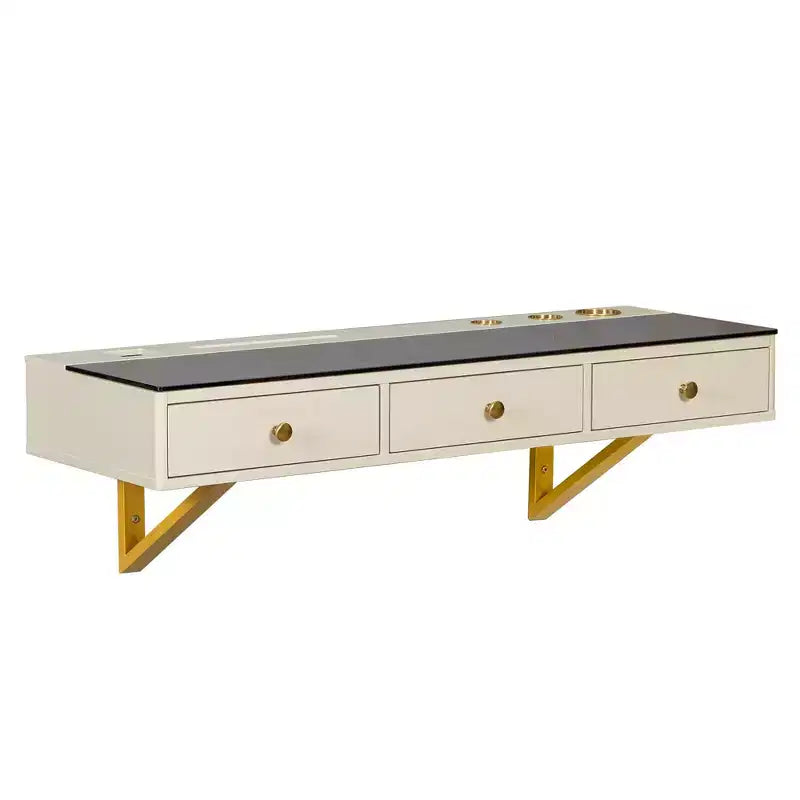 Coiffeuse murale multifonctionnelle Okak avec tiroir, coiffeuse avec plateau en verre, coiffeuse compacte pour chambre à coucher, coiffeuse pour coiffeurs