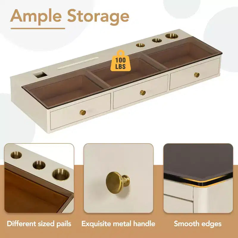 Coiffeuse murale multifonctionnelle Okak avec tiroir, coiffeuse avec plateau en verre, coiffeuse compacte pour chambre à coucher, coiffeuse pour coiffeurs