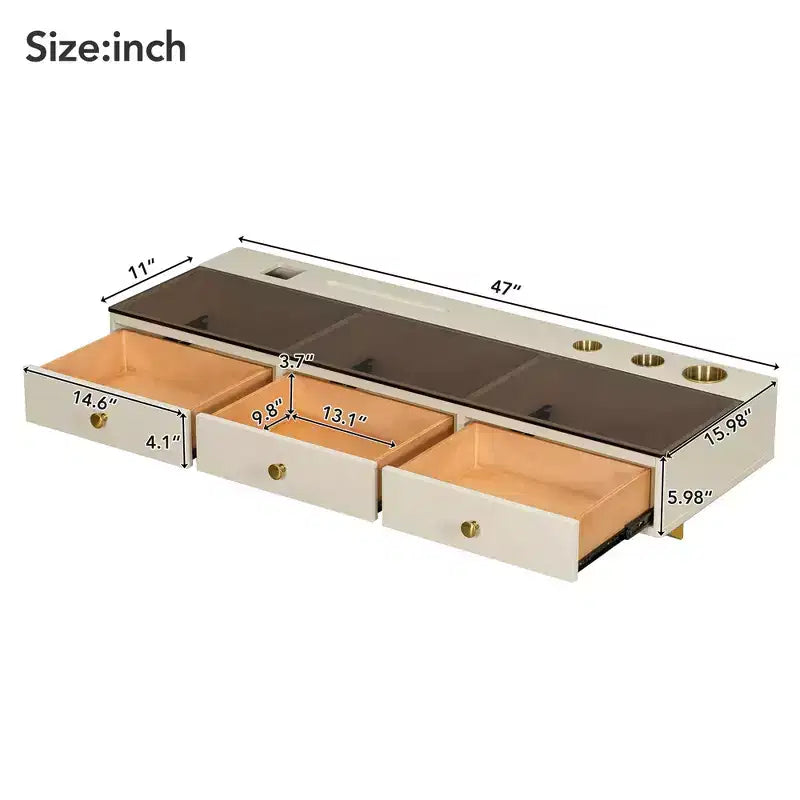 Coiffeuse murale multifonctionnelle Okak avec tiroir, coiffeuse avec plateau en verre, coiffeuse compacte pour chambre à coucher, coiffeuse pour coiffeurs