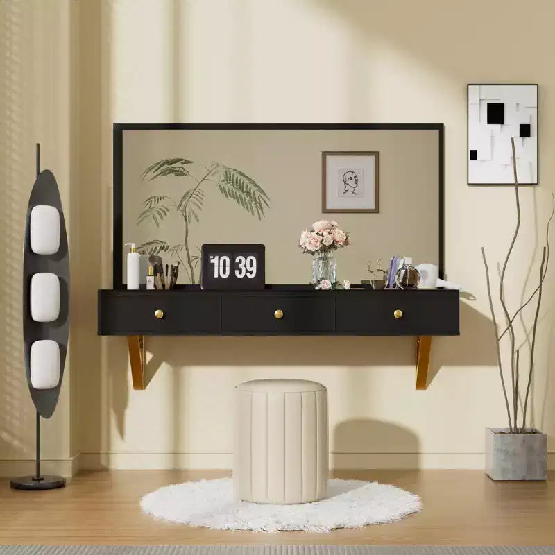 Coiffeuse murale multifonctionnelle Okak avec tiroir, coiffeuse avec plateau en verre, coiffeuse compacte pour chambre à coucher, coiffeuse pour coiffeurs
