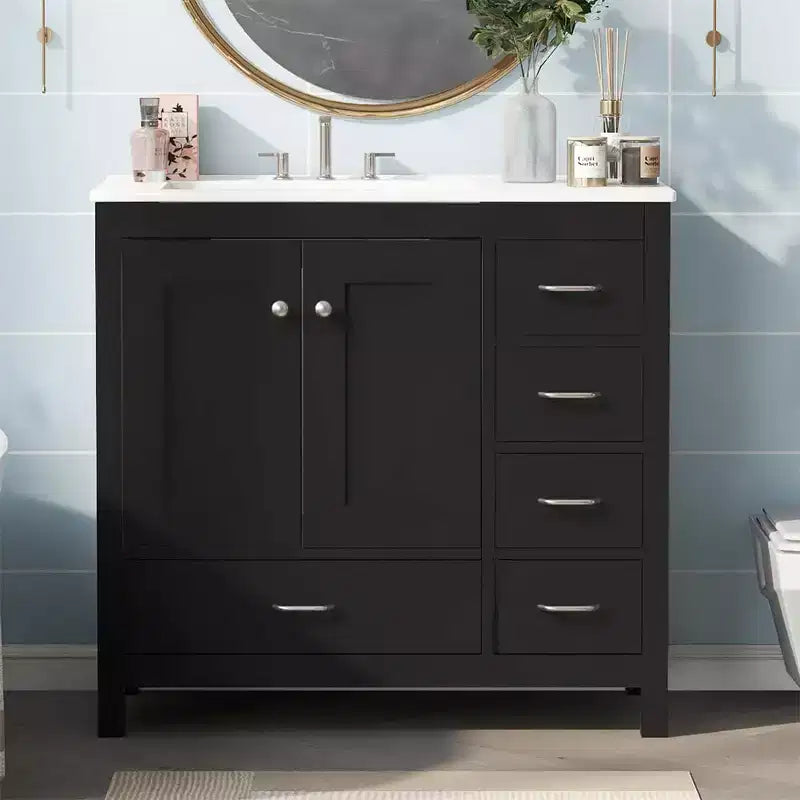 Meuble-lavabo de salle de bain de 36 po avec vasque en céramique, armoire de rangement, 2 portes à fermeture douce, 5 tiroirs, pour salle de bain, garage, jardin ou bureau